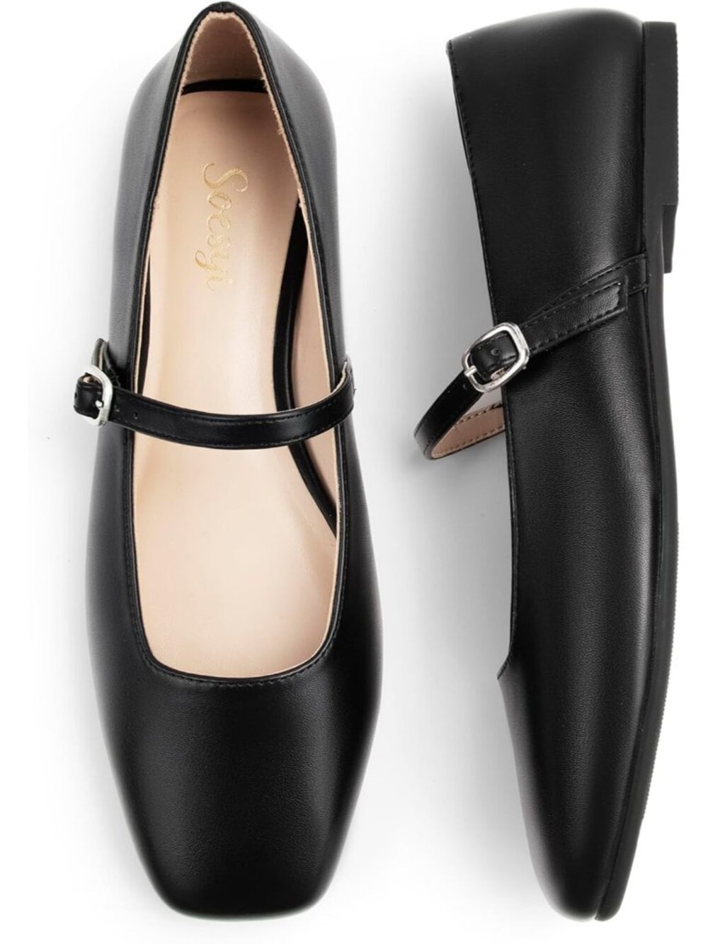 🆕Women's Black Pu Square Toe Mary Jane Flats Patent Leather Buckle Dress Shoes